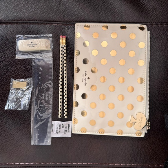 KATE SPADE, pencil/cosmetic pouch, tan/gold, W8.5”xH5.5” - Picture 5 of 6